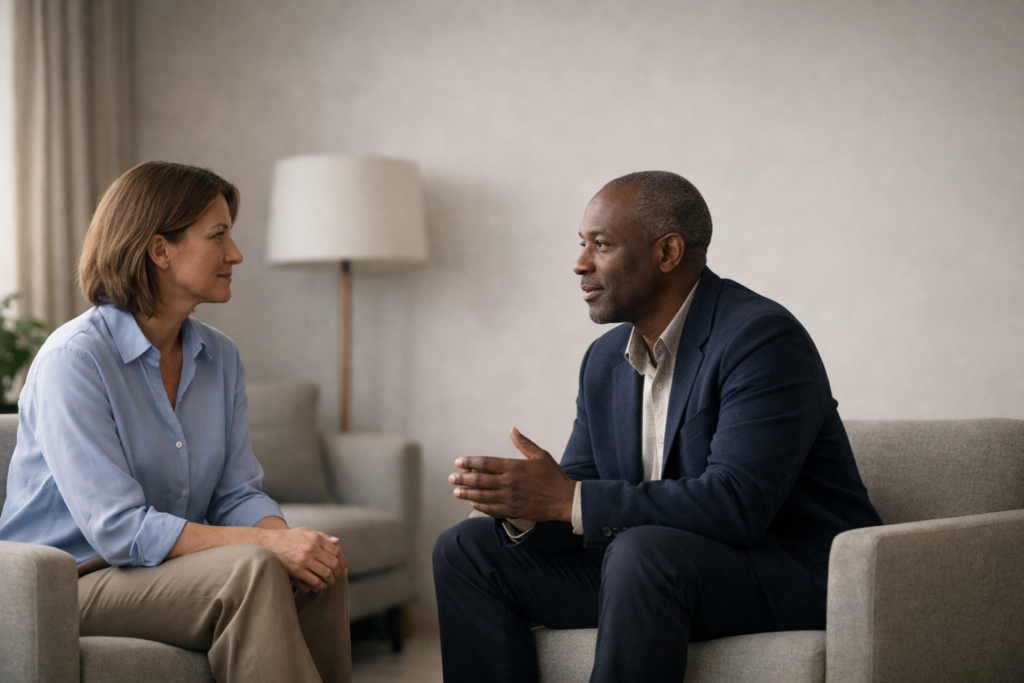 Two professionals seated in a calm, modern setting, engaged in a focused conversation that reflects professional coaching as a thoughtful, collaborative process rather than advice-giving or therapy.